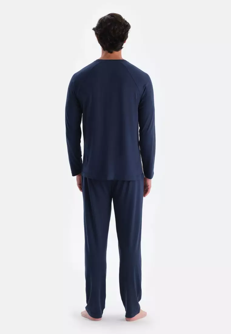 Navy T-Shirt & Trousers Set, Crew Neck, Regular Fit, Long Sleeve Sleepwear for Men