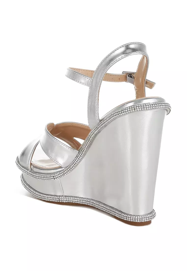 Rhinestones Embellished Wedge Sandals In Silver