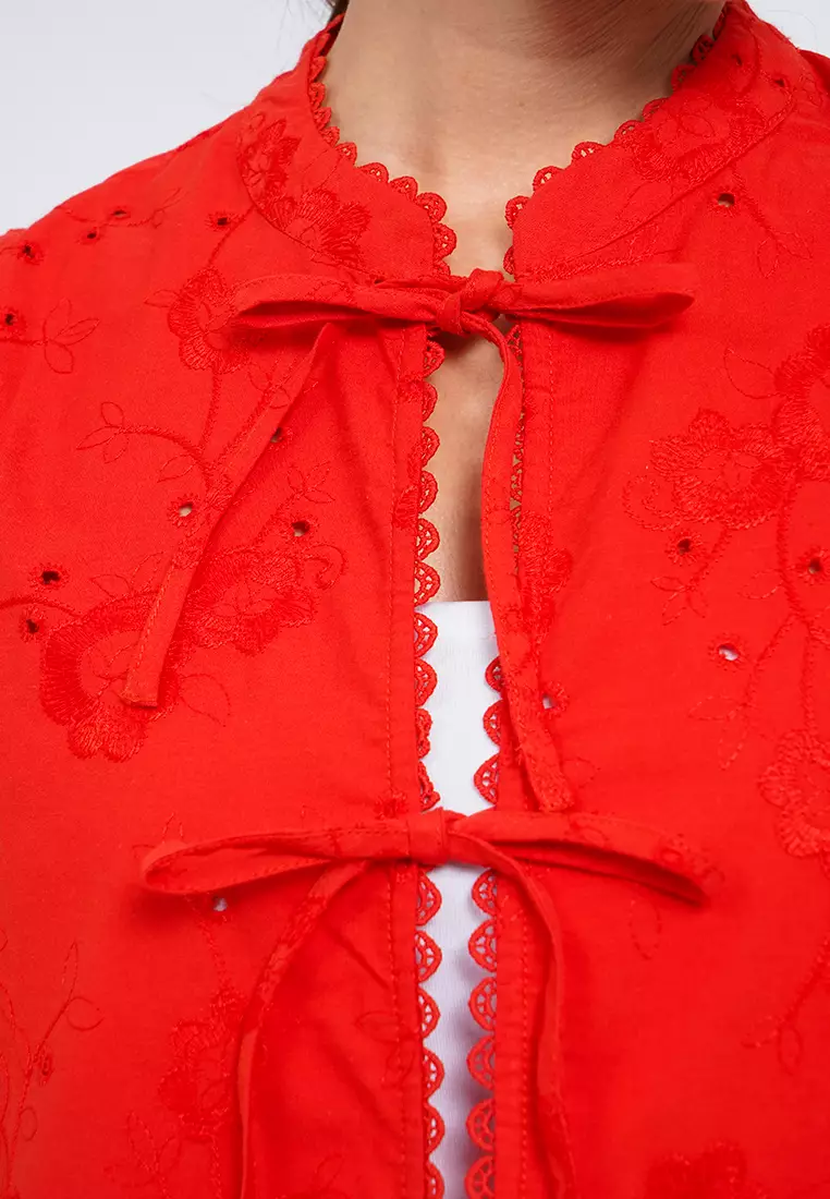 Textured Mandarin Collar Tied Vest  RED