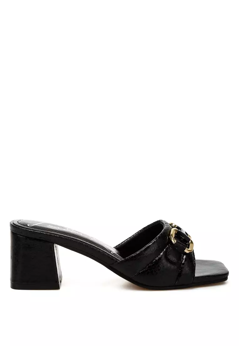 Discount on London Rag  shoes - SKU: Black Horsebit Detail Snake Print Sandals