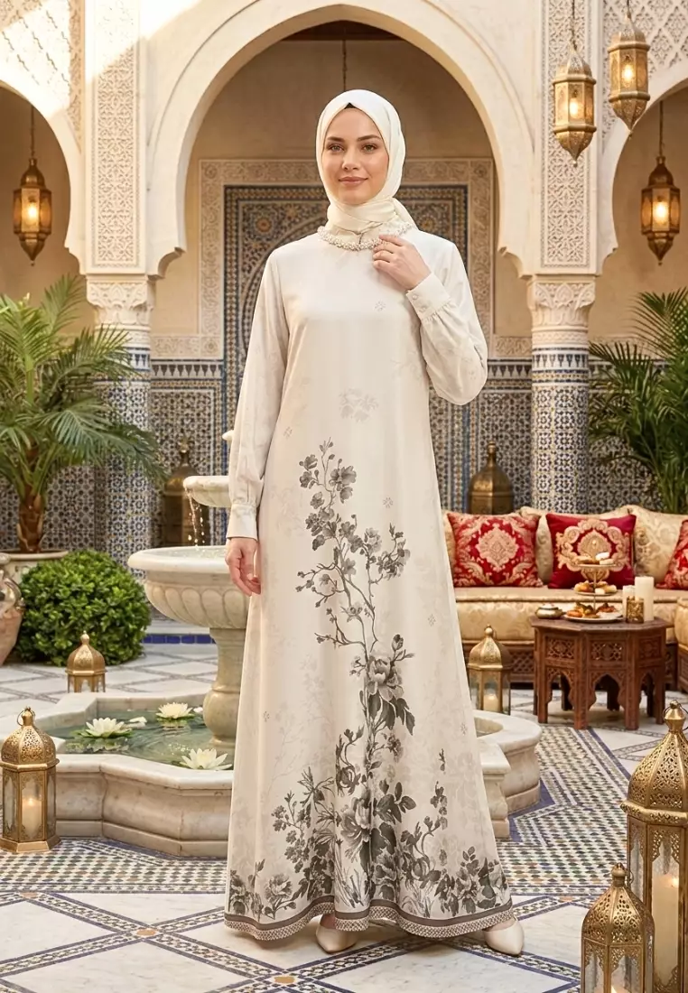 Gamis Muslimah Premium Motif Floral Vintage Warna Cream – Dress Maxi Elegan Lengan Panjang Cocok untuk Lebaran & Acara Formal By Brilliant Girl Warna CREAM