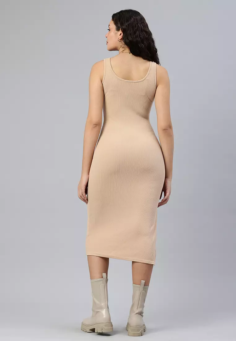 Ribbed Knit Slit Tank Dress In Beige
