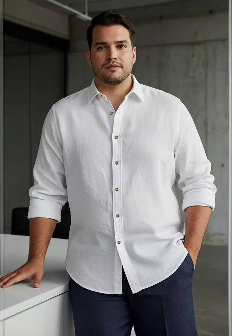 White Regular Fit Epaulette Wrinkled Effect Linen Look Plus Size Shirt TMNSS25AX00002