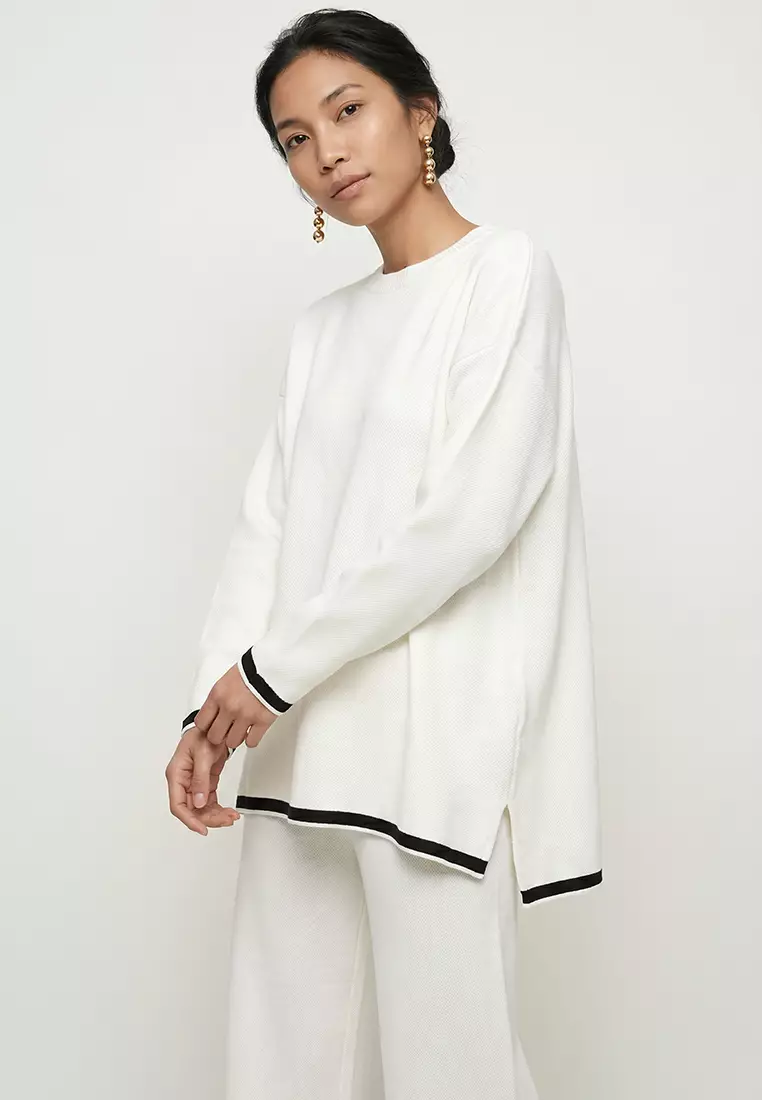 Women's Beige Crew Neck Stripe Detailed Knitwear Tunic and Trouser Set