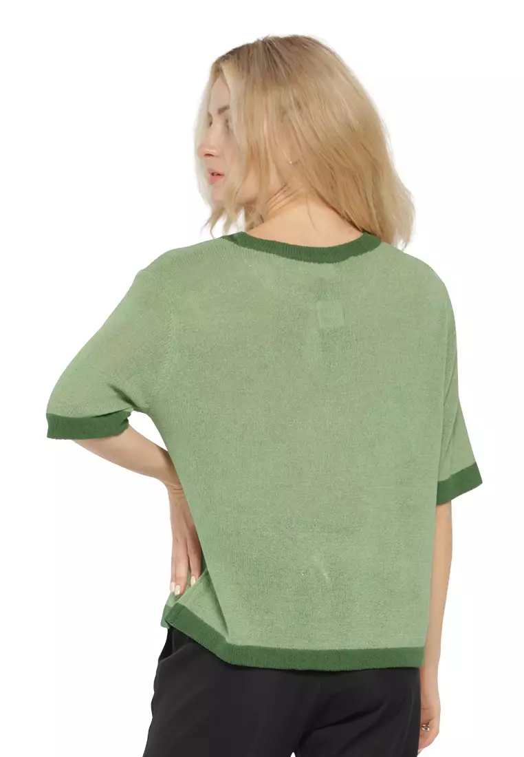 Green contrast neck and sleeve rib t-shirt