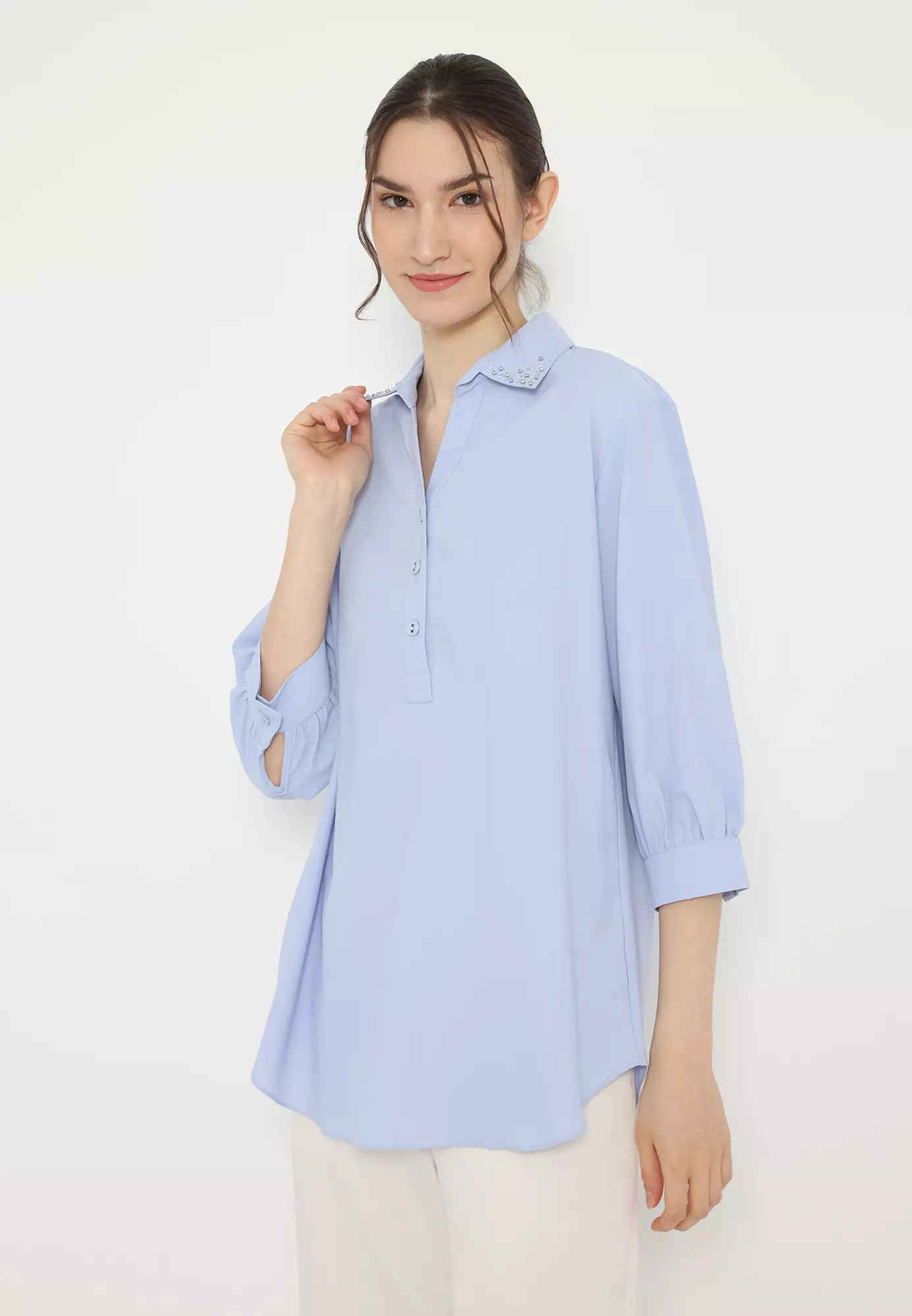 Plain Shirt With Pearl Detail In Soft Blue By Brilliant Girl Warna BIRU
