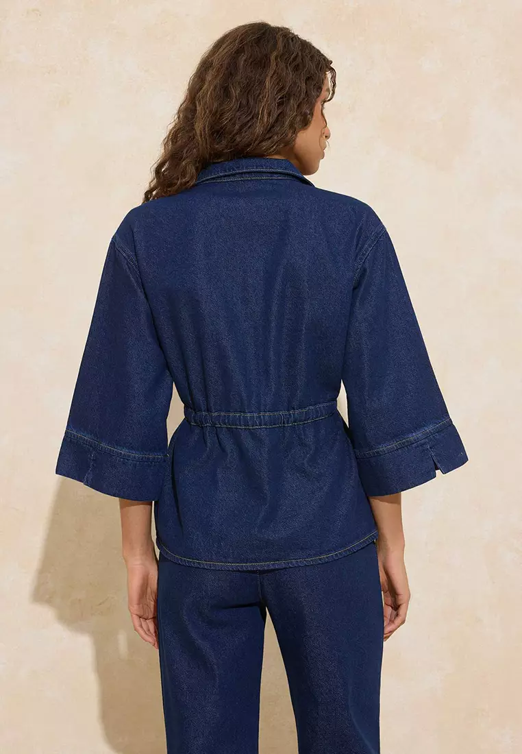 Dark Blue Waist-Tied Tencel Blended Denim Shirt Twoss26Go6