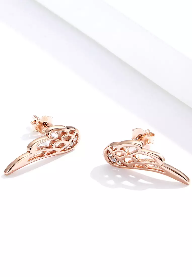Solid 925 Sterling Silver Free Me Angel Wing Rose Gold Stud Earrings