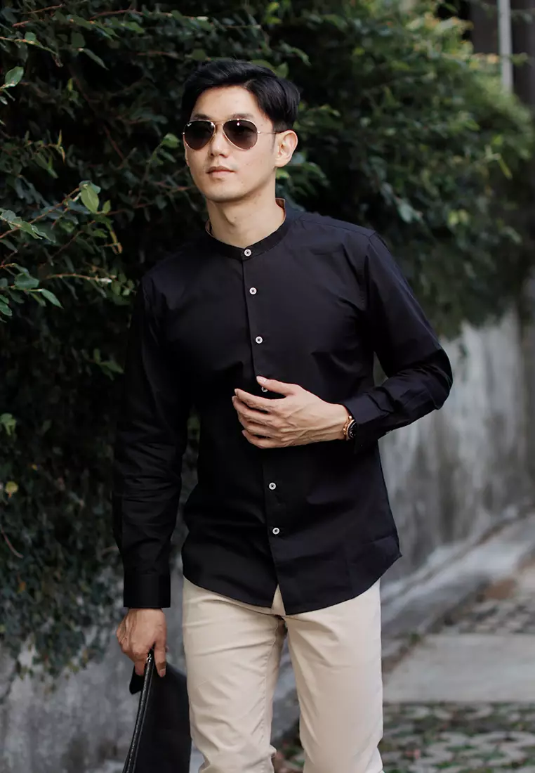 Kemeja tangan panjang Collarless koko cotton oxcon black