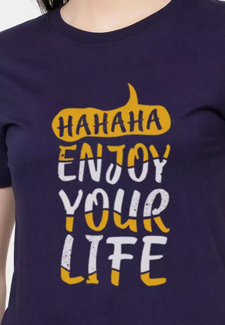 享受生活轻松短袖时尚海军蓝色棉质休闲图案印花 T 恤/T 恤