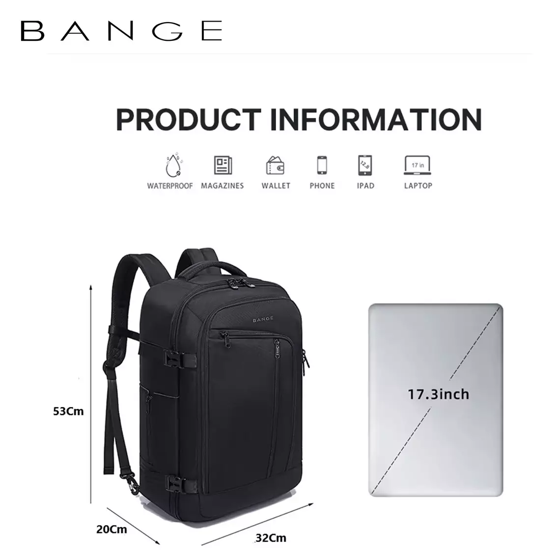 Bange BG1916 Tas Ransel Laptop Kerja Backpack Travel Waterproof 17 Inch- BLACK