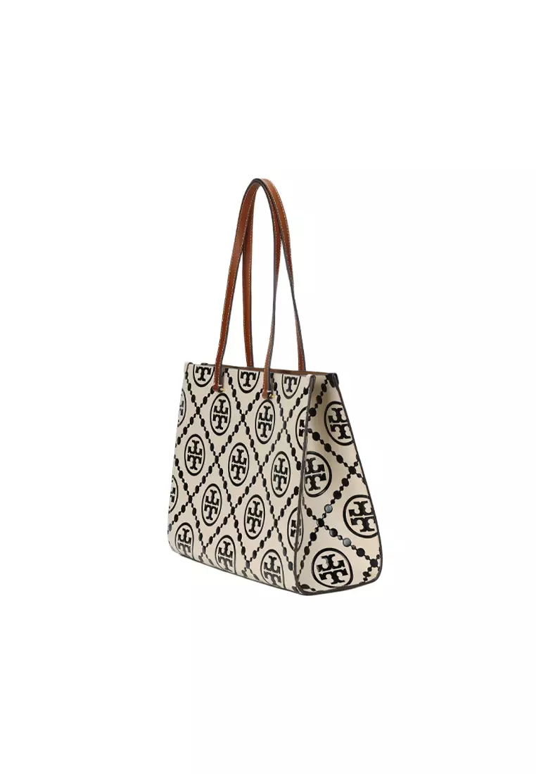 T Monogram Women's Handbag in Black with White Stitching 165081