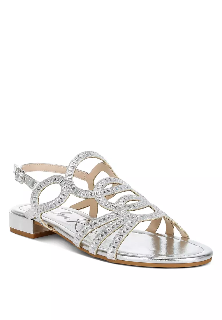 Cut Out Detail Rhinestone Flat Sandals in Silver