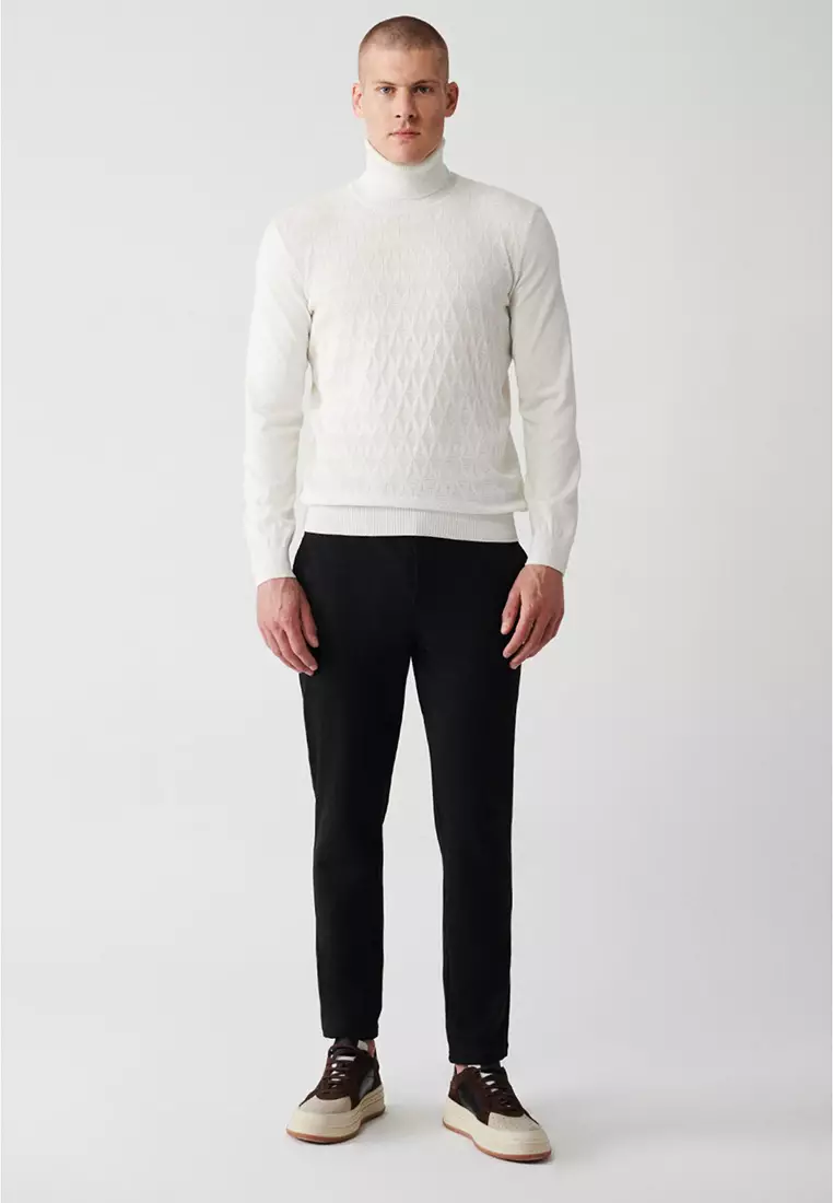 Men's Ecru Turtleneck Cotton Patterned Knitwear Sweater A32Y5198