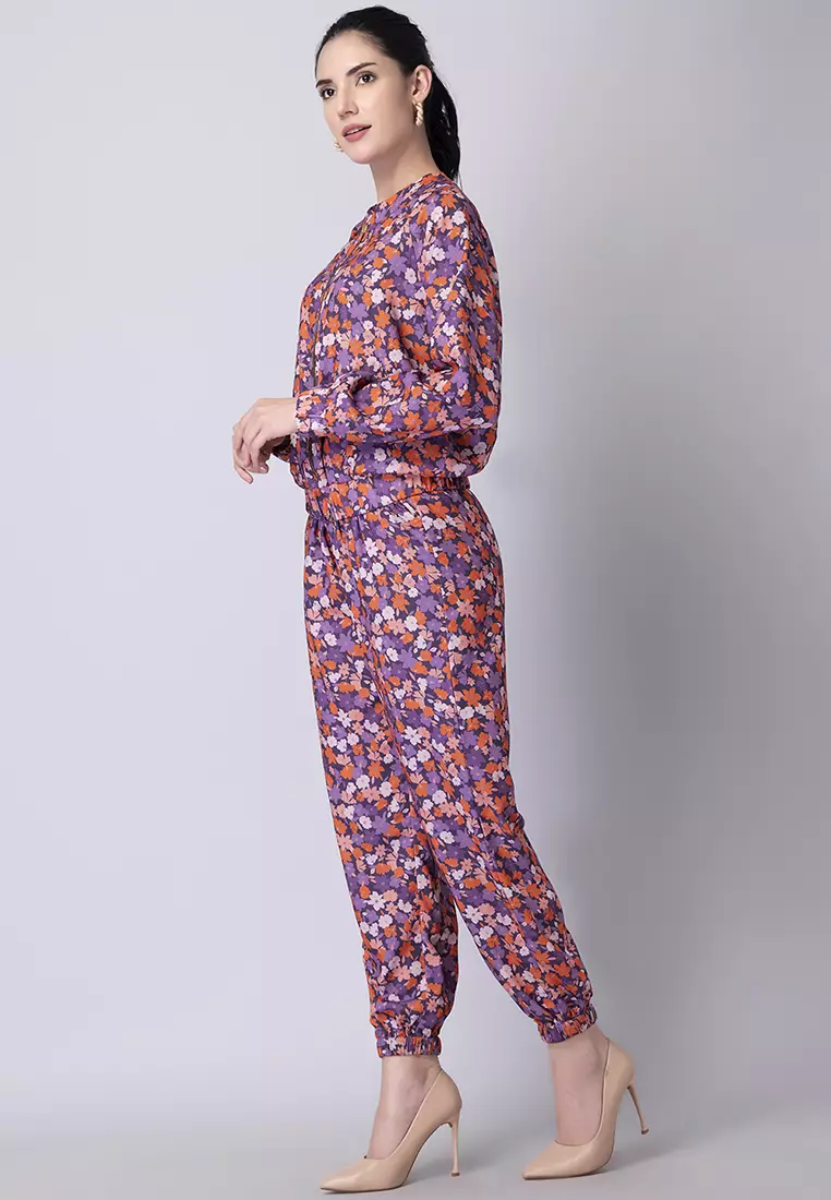 Purple Floral Bomber Jacket and Jogger Pants Co-ord Set