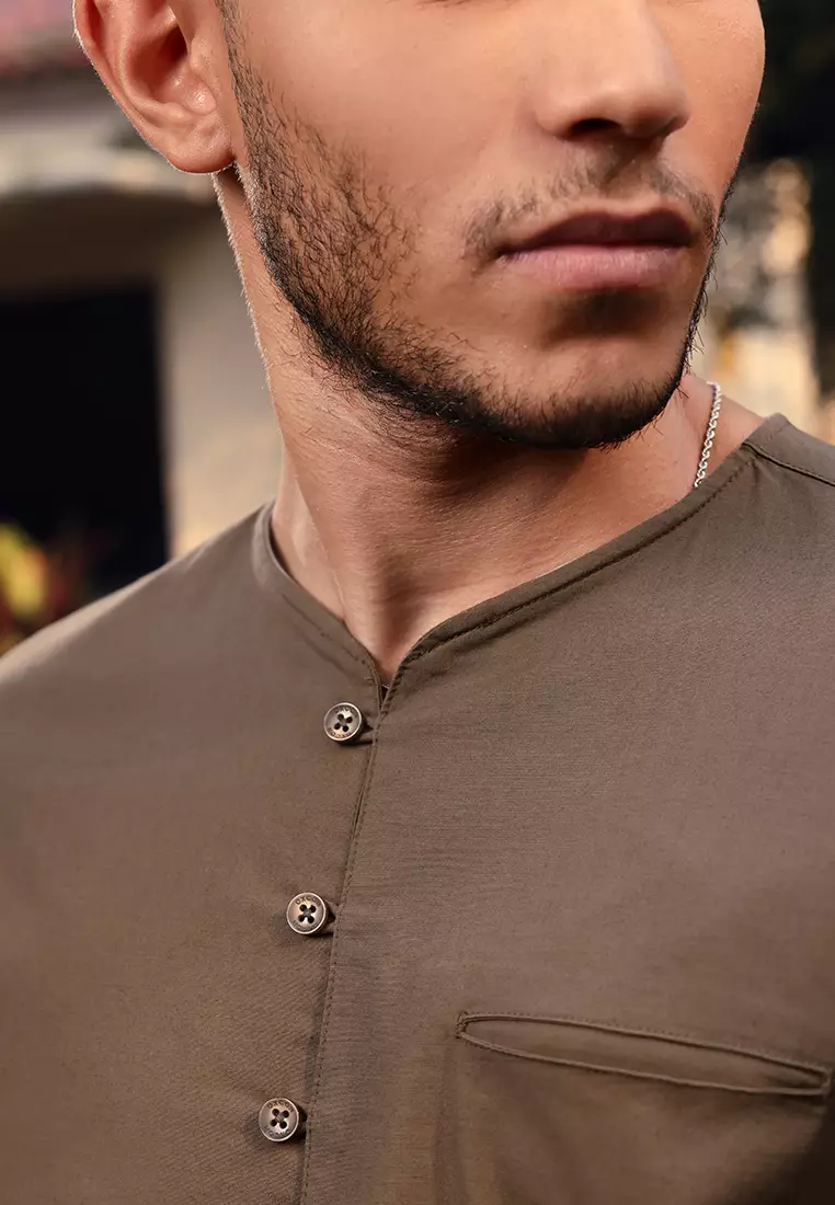 OXCON kemeja Vneck Henley Collarless shirt Olive Green