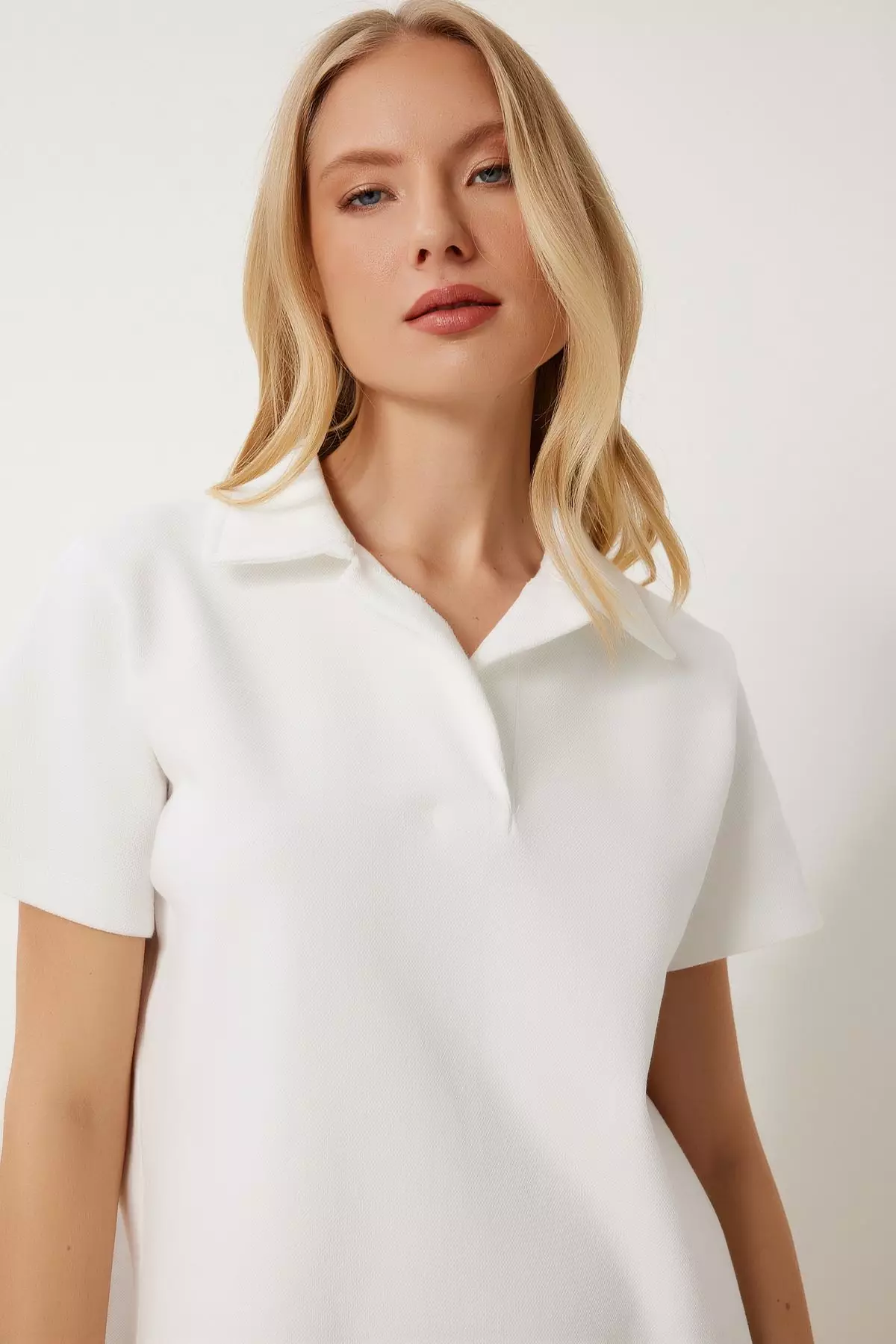 Women's Bone Polo Neck Pique Knitted Mini Dress Dp00253