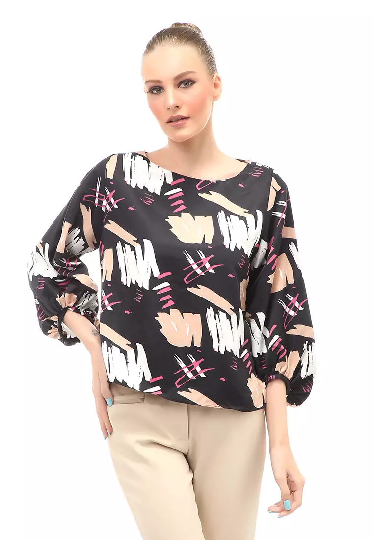 Blouse Atasan Wanita Lengan Panjang Model Puff Motif Abstrak Regular Fit - Hitam