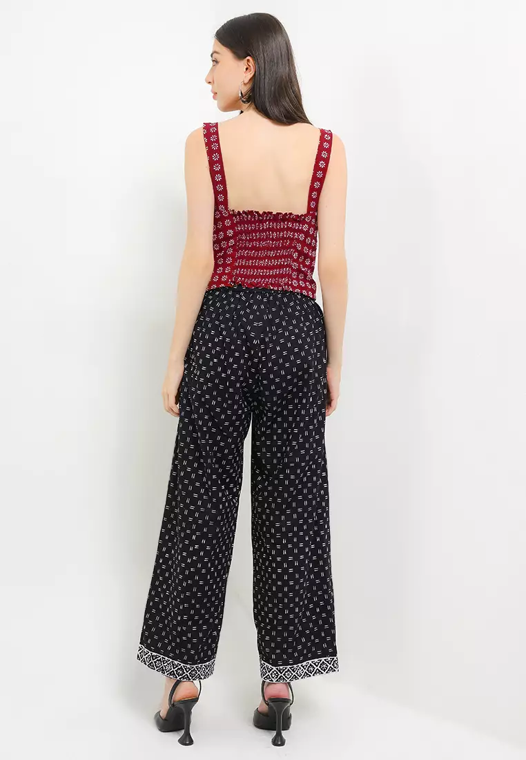 Setelan Myra Batik One Set Atasan Croptop dan Celana Kulot Bawahan Hitam Maroon