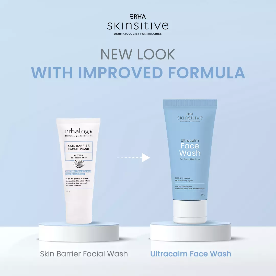 ERHA Skinsitive Ultracalm Face Wash 80g | Sabun Cuci Muka Semua Jenis Kulit (Normal - Sensitif) dengan Panthenol, Aloe Vera Extract | Melembapkan, Kulit Tidak Ketarik | PH Balance, Hypoallergenic, Gentle, Calming | Memperkuat Skin Barrier