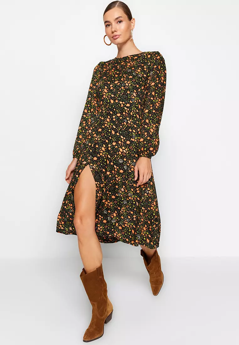 Slit Patterned Midi Dress