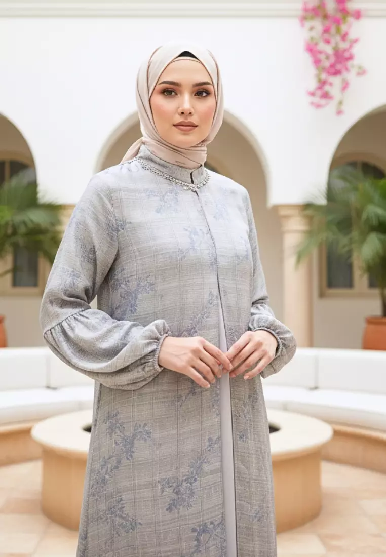 Gamis Wanita Motif Floral Cream Premium Dress Muslimah Elegan Lengan balon By Brilliant Girl Warna CREAM