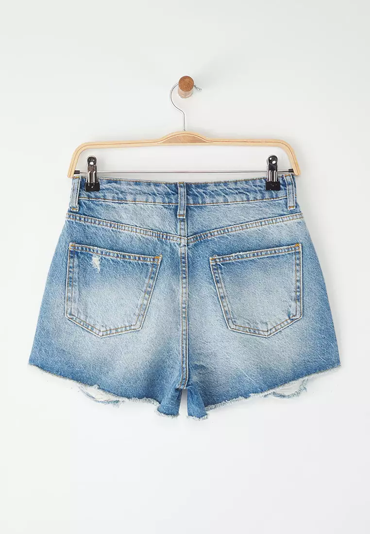 Light Blue High Waist Ripped Detail Mini Denim Shorts TWOSS25SR00171