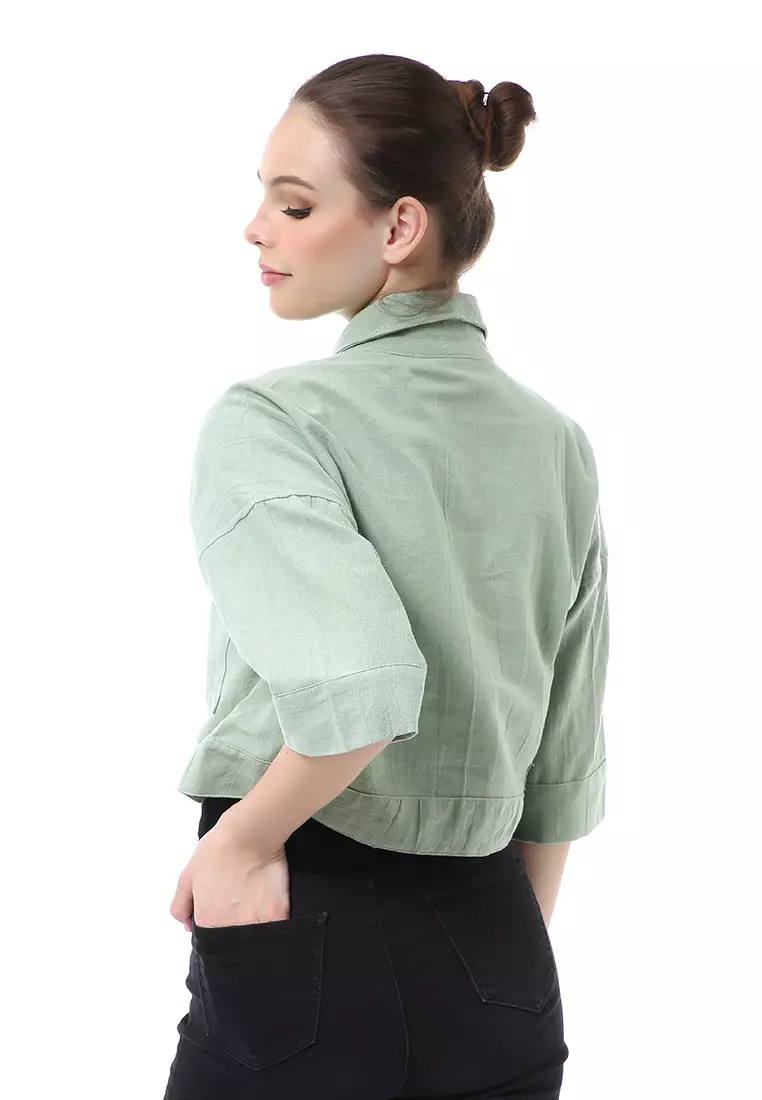 Brielle Atasan Wanita Kemeja Crop Oversize Shirt Lengan Panjang Material Linen ORIGINAL - Green