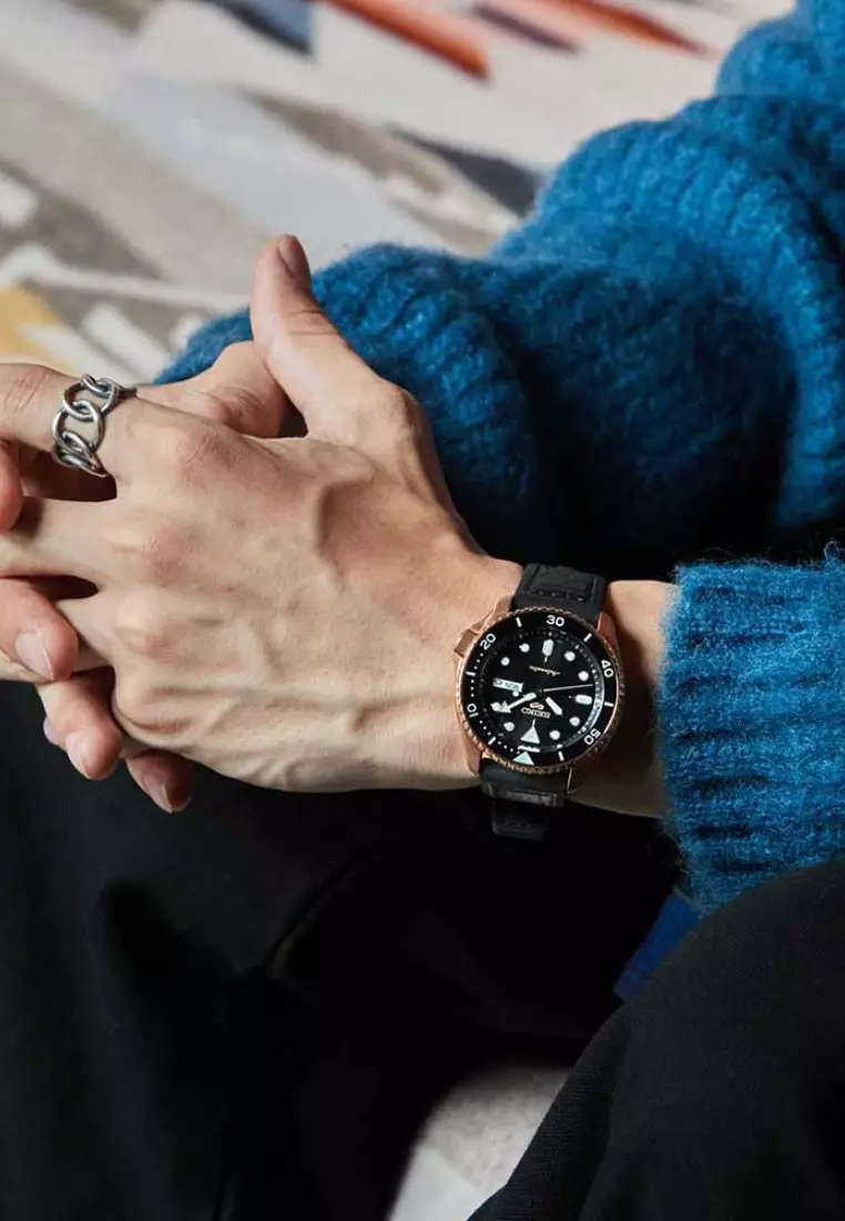 Seiko 5 Sports SKX Series Black Dial With Rose Gold Accents Black Silicone Band Automatic Watch SRPD76K1
