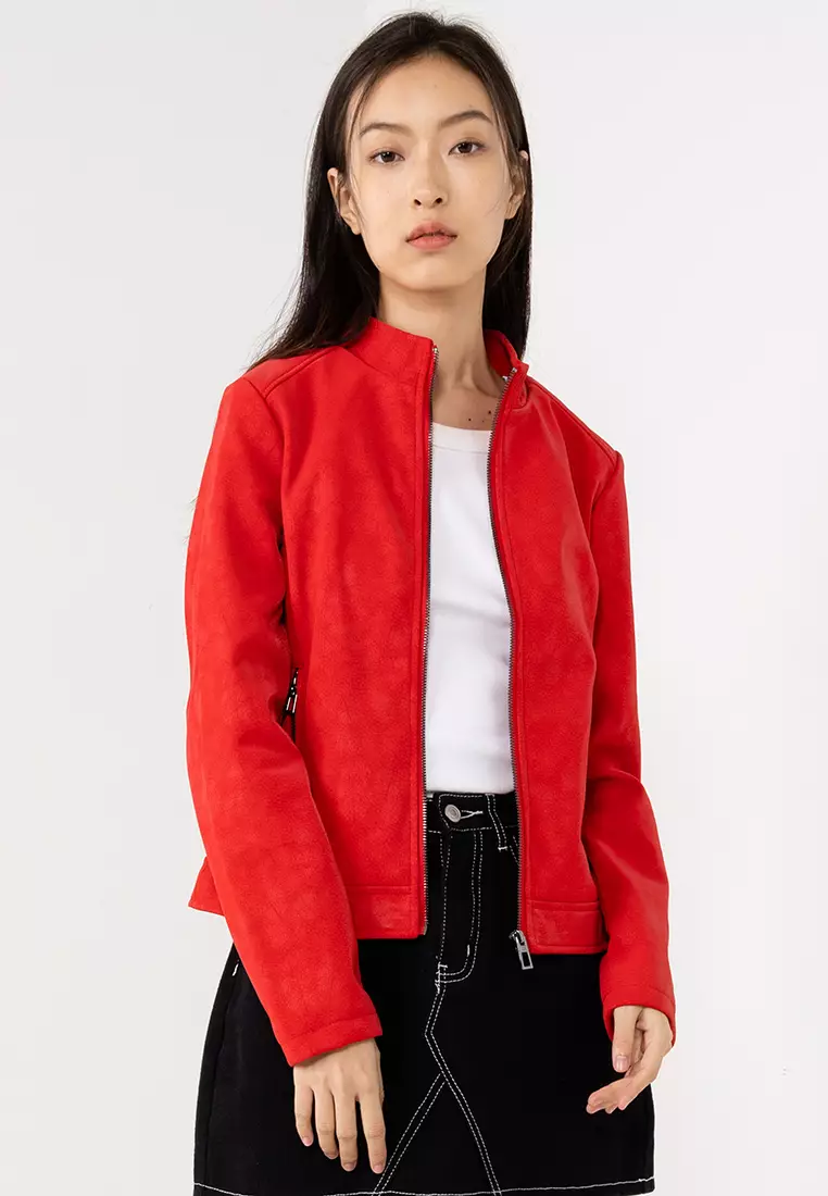 Red suede biker jacket womens sale
