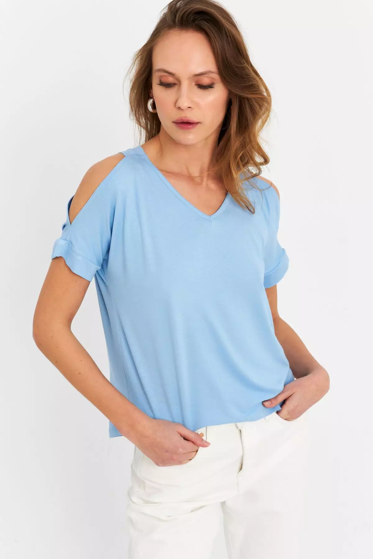 V-Neck Cold Shoulder Blouse