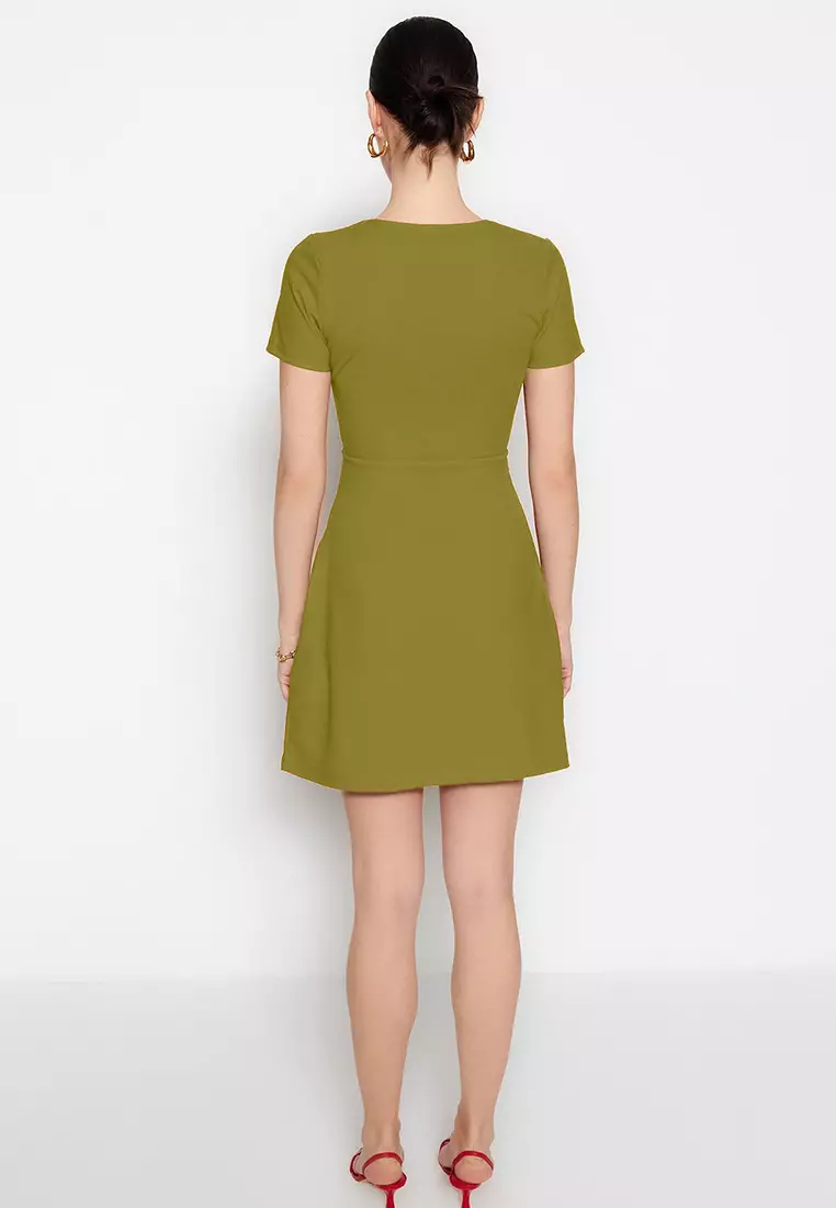 Oil Green Double Breasted Neckline A-Line Crepe Mini Smart Knitted Dress Twoss23El01703