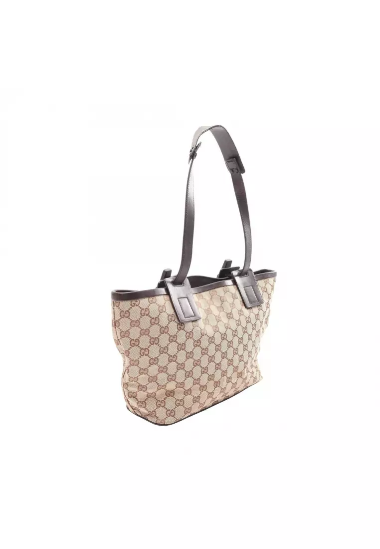 Pre-Loved Gucci GG canvas Shoulder bag tote bag canvas leather beige Dark brown