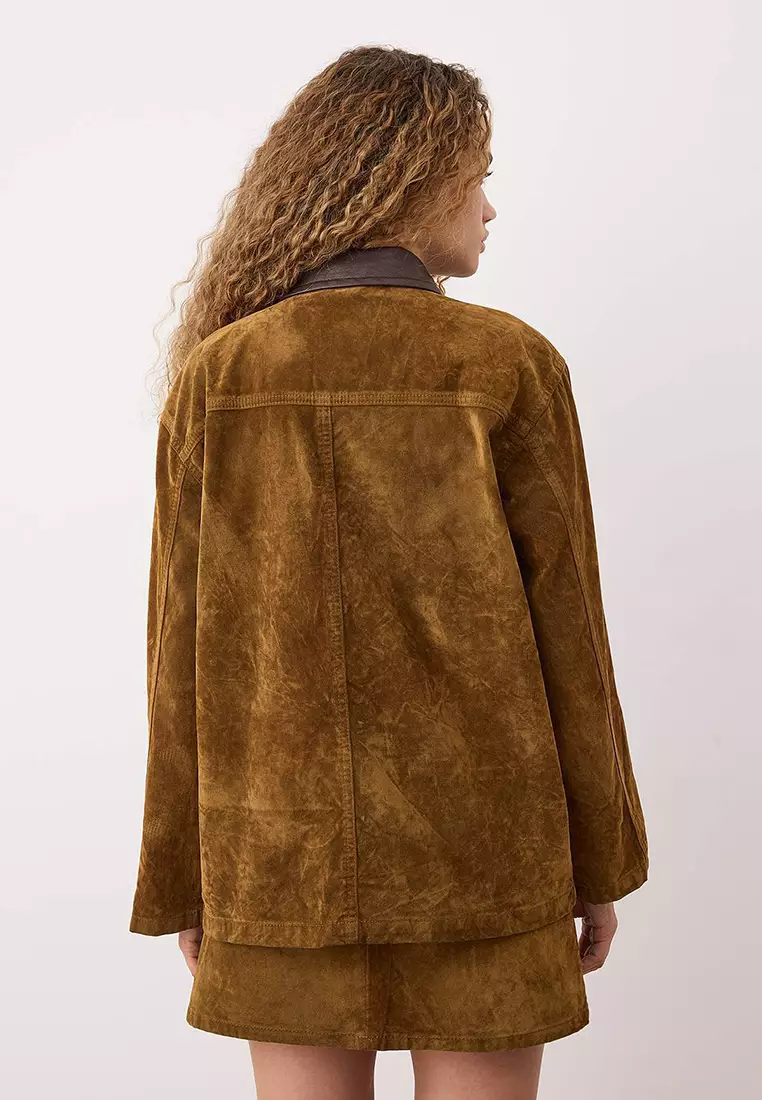 Leather Detailed Oversize Denim Jacket