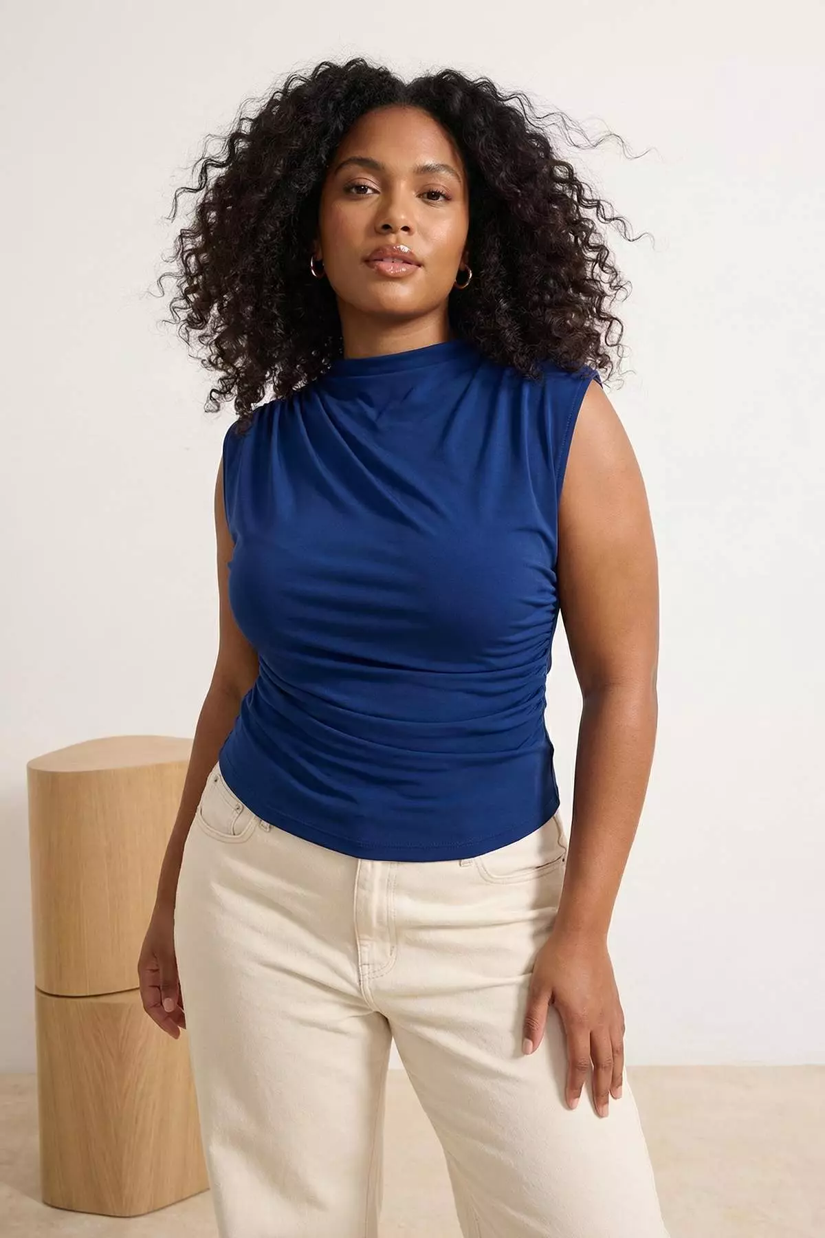 Indigo High Neck Gathered Detailed Sleeveless Knitted Plus Size Blouse Tbbss26Af00065