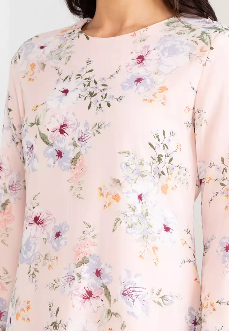 Pastel Pink Misty Floral Baju Kurung Moden Chiffon
