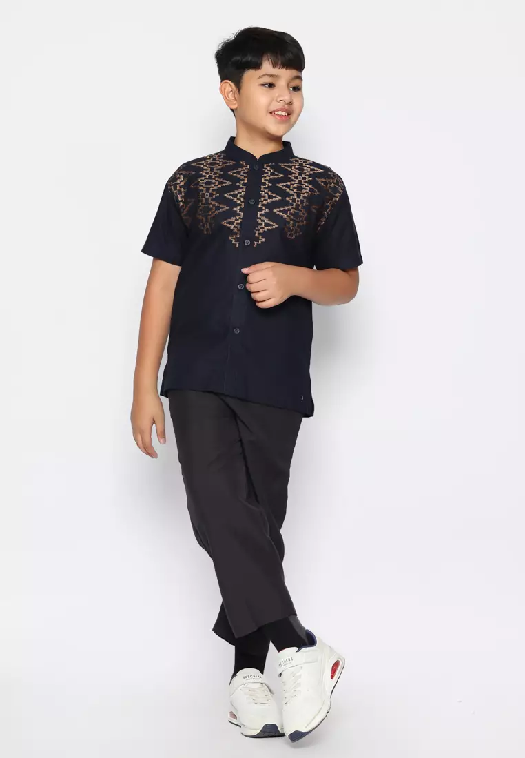 Baju Koko Set Anak Laki Bordir Vertical Navy - GENUINE