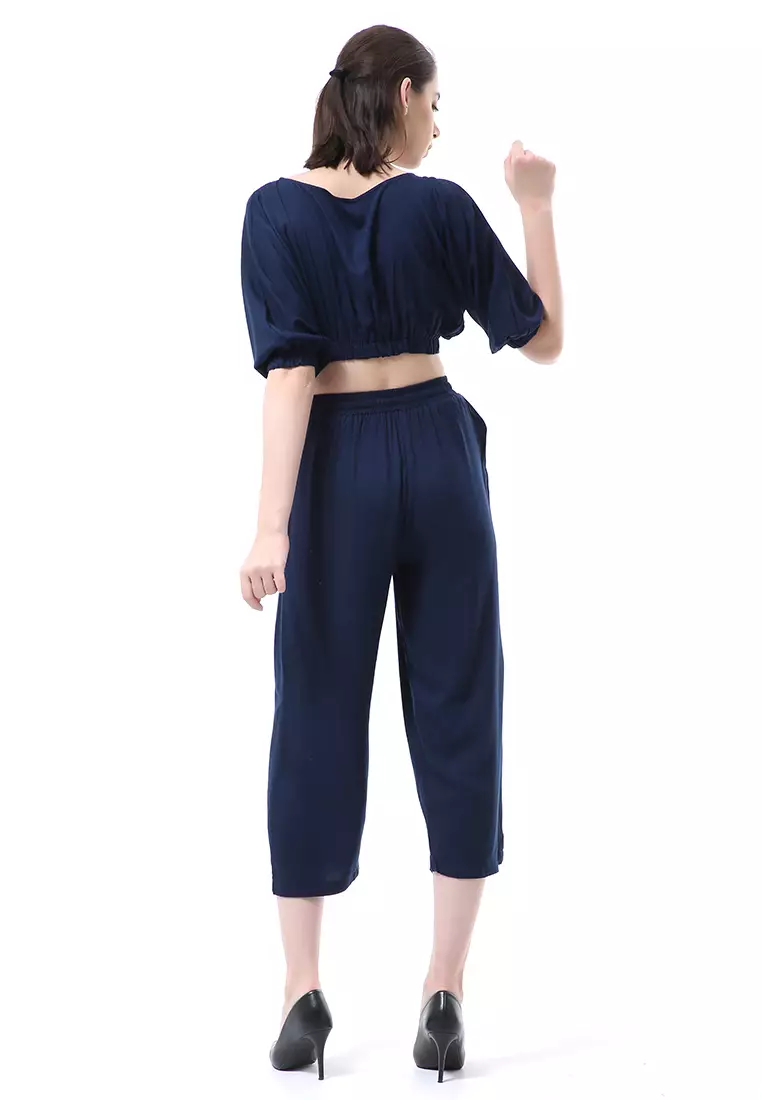 Nayra One Set Setelan Wanita Atasan Crop Lengan 3/4 Celana Kulot Material Rayon ORIGINAL - Navy