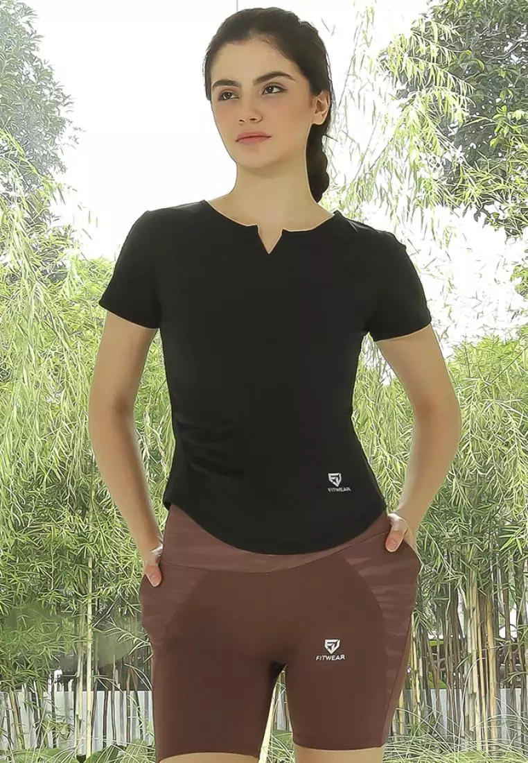Fitwear - Kaos Olahraga Dryfit Wanita STAFIE V-NECK SLIMFIT S/S - BLACK