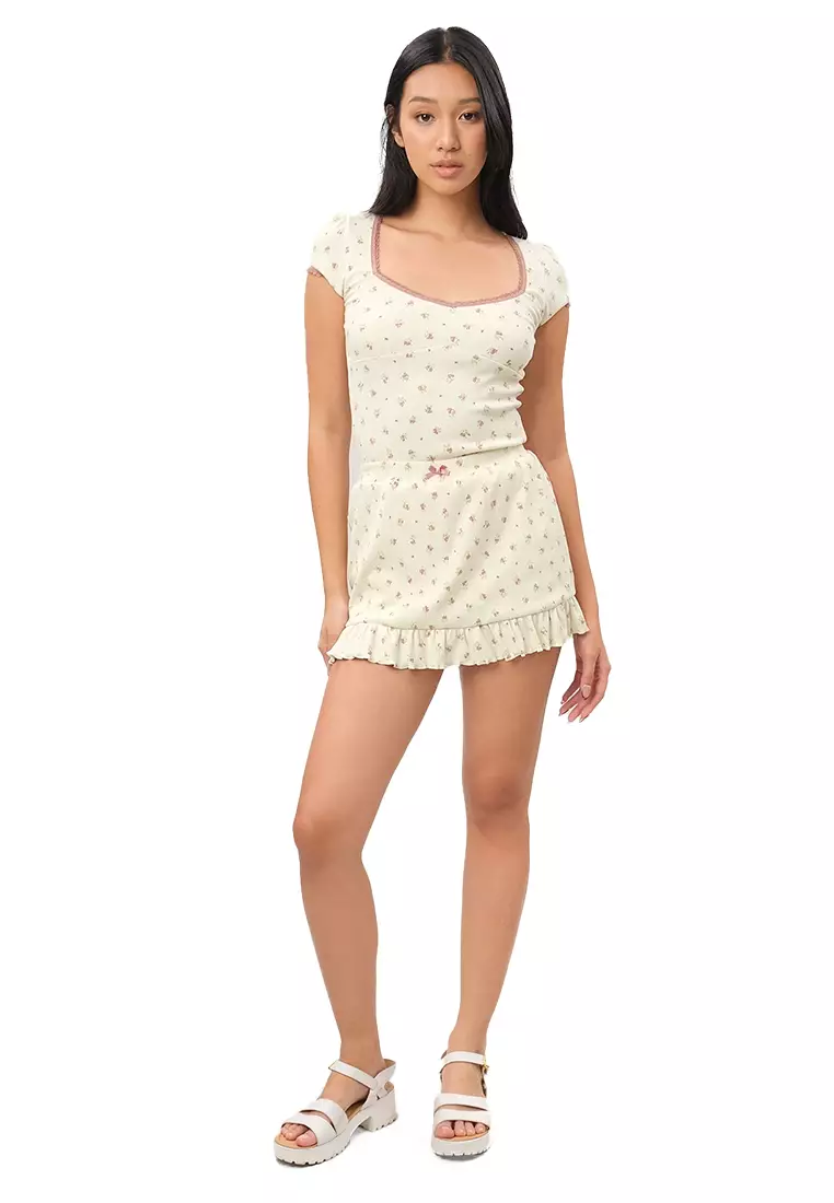 JUST G Ditsy Floral Ribbed Mini Skort With Bow