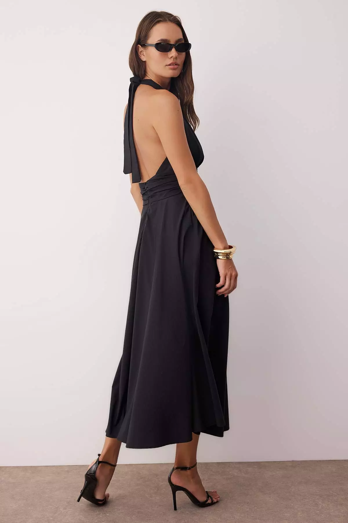 Black Low-Cut Halter Neck Poplin Lined Woven Dress
