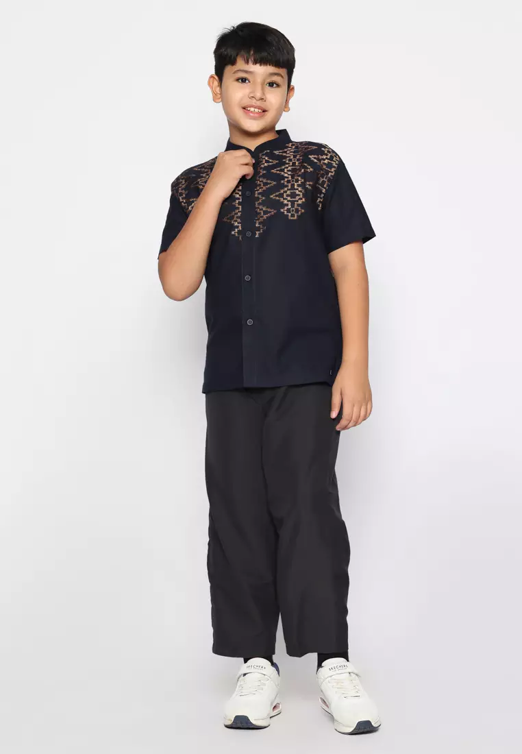 Baju Koko Set Anak Laki Bordir Vertical Navy - GENUINE