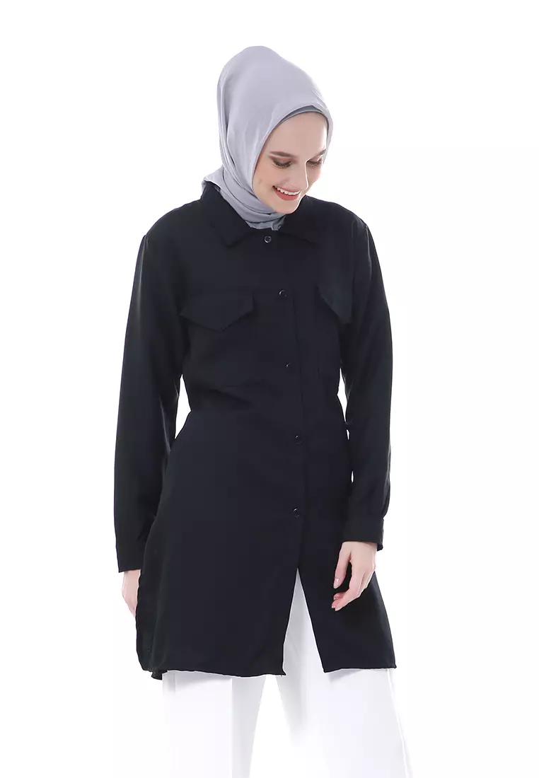 Babyla Long Tunik Pakaian Atasan Muslimah Wanita Motif Polos - Hitam