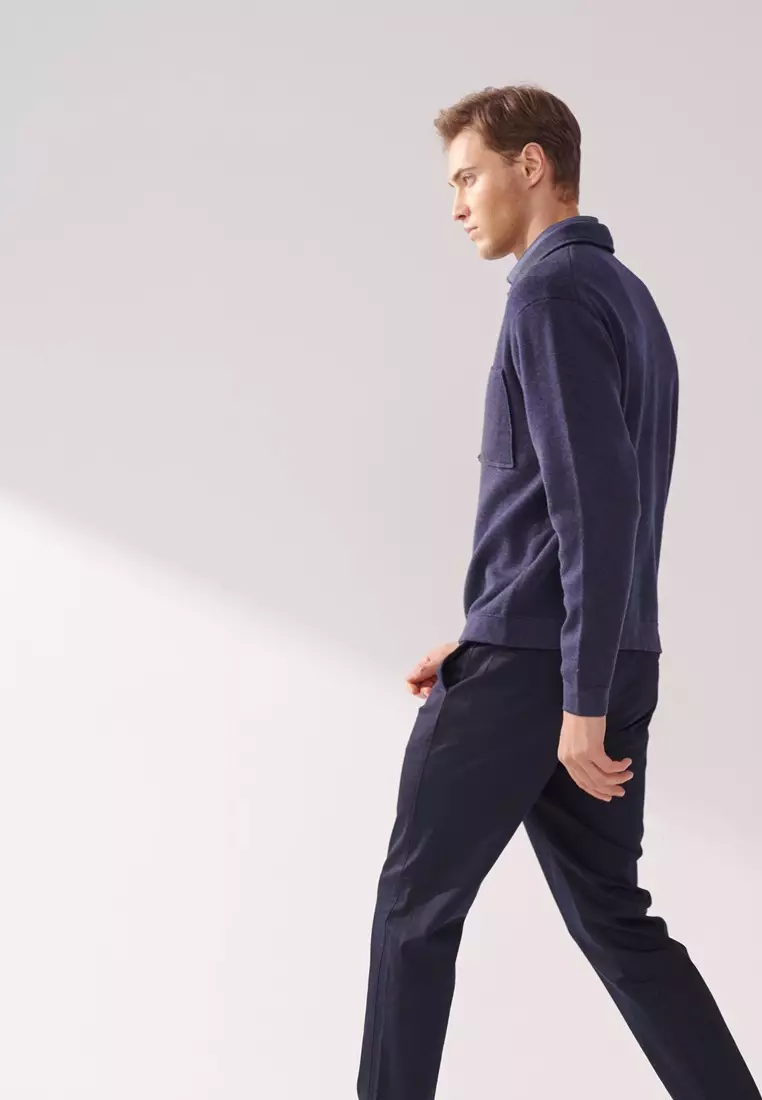 Navy Double-Pocket Full-Zip Cardigan