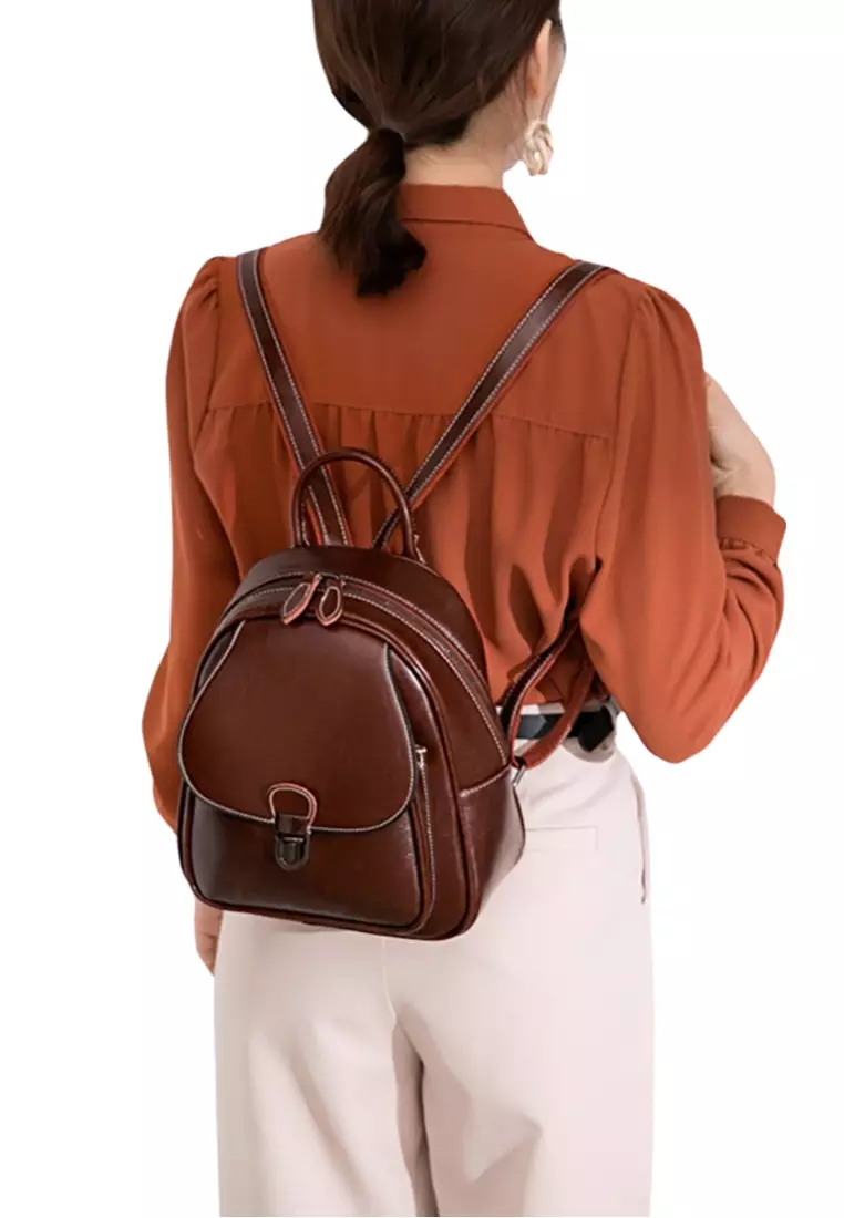 Women's Retro Zipper Cowhide Leather Backpacks
