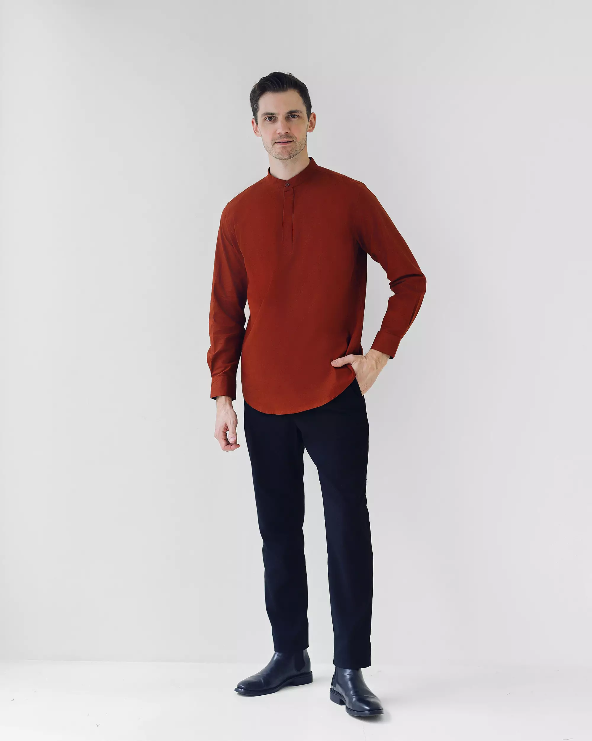 Cotton Well Oman Henley Shirt Teracotta │Kemeja Koko Basic Lengan Panjang Coklat Bata