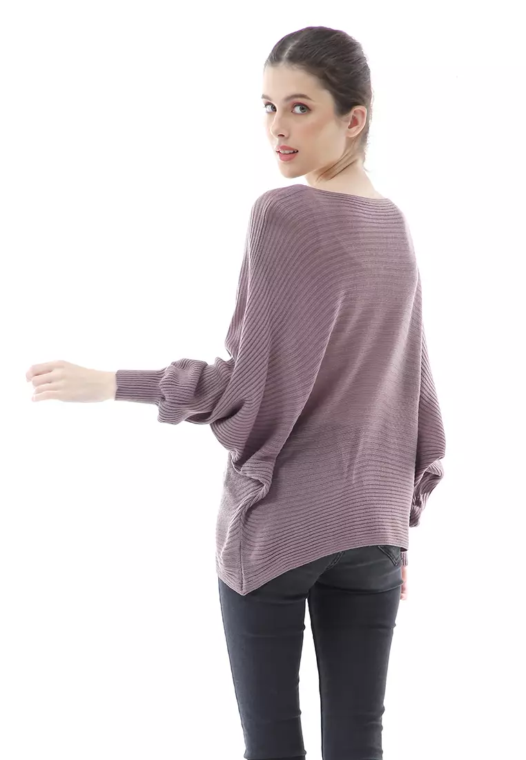 Eveline Sweater Rajut Batwing Atasan Wanita Motif Polos High Quality - Burgundy