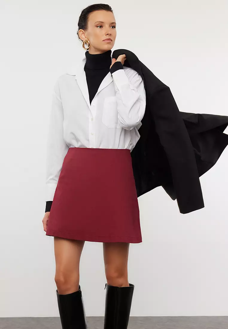 High Waist Dark Burgundy A Line Mini Skirt