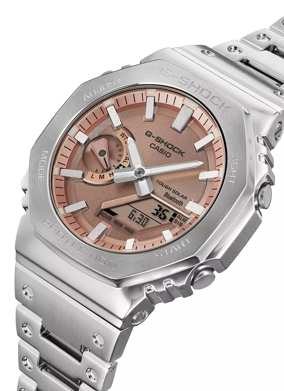 Men GM-B2100AD-5A Stainless steel Metal Silver Peach Solar Powered