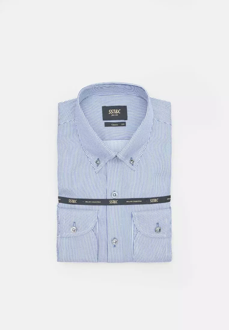 Milano Collection Navy Blue Striped Classic Fit Shirt